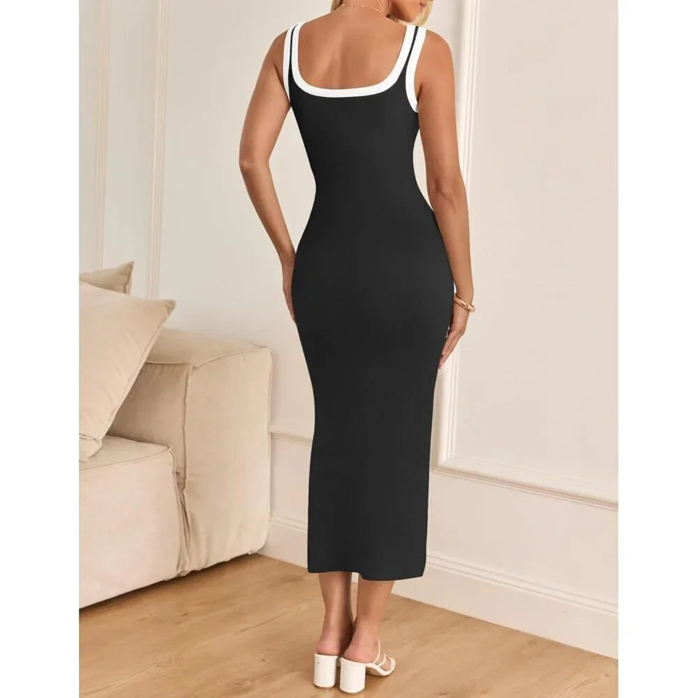 Women's Knit Bodycon Dress Sleeveless Square Neck Side Slit Casual Summer